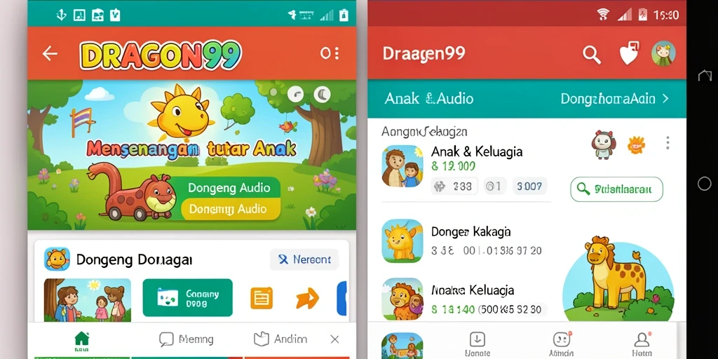 Tampilan antarmuka aplikasi Dongeng Audio yang ramah anak.