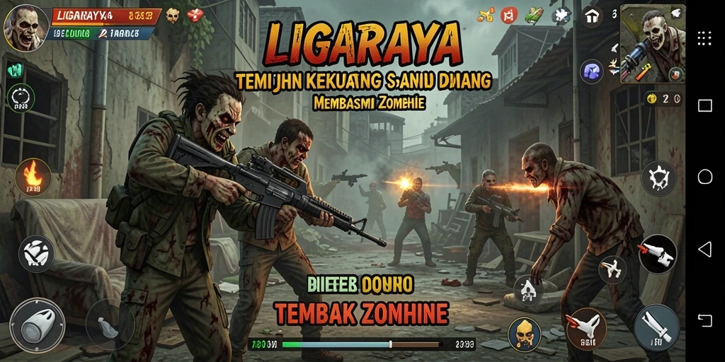 Tampilan antarmuka permainan LIGARAYA yang intens dan menengkankan aksi Tembak Zombie.